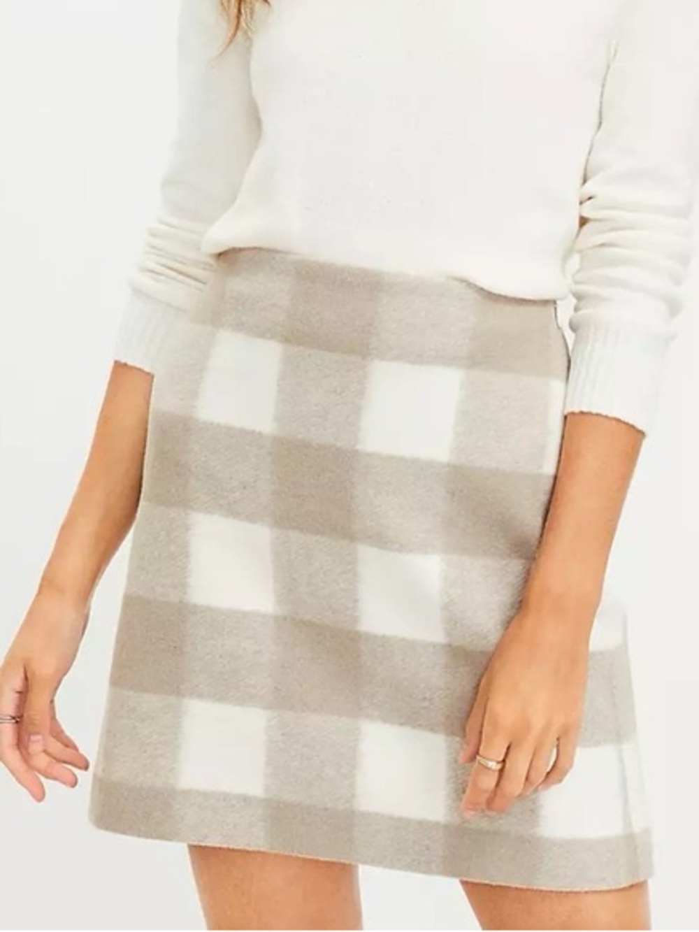 LOFT Whisper White and Tan Plaid Shift Skirt